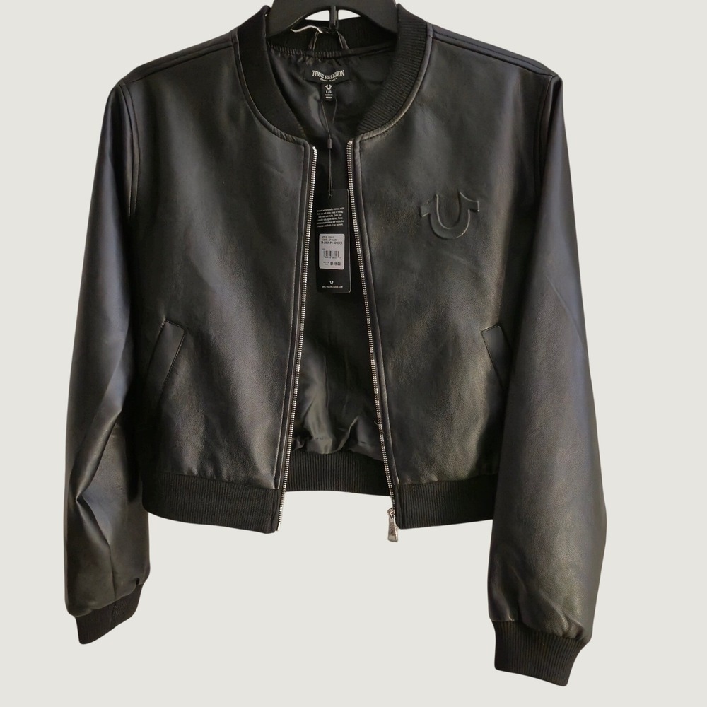NWT True Religion Women Cropped PU Leather Bomber Jacket Black Size L Moto Edgy